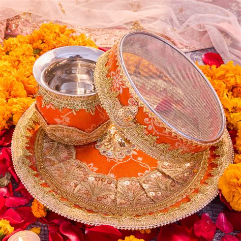 Orange Karwa Chauth Thali Set | Luxe Edition | Pack of 3 – ServDharm
