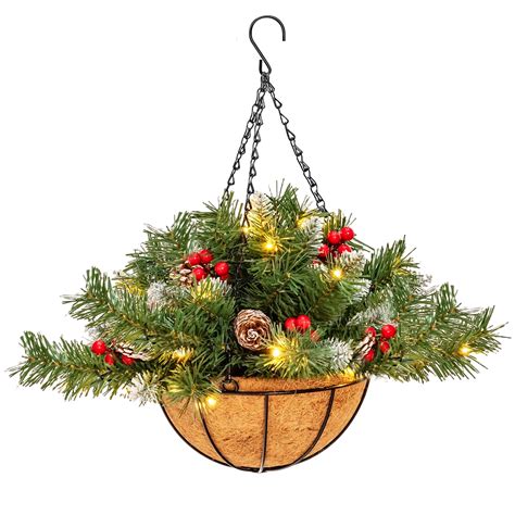 Costway Pre-Lit Artificial Outdoor Christmas Hanging Basket w/ Pine ...
