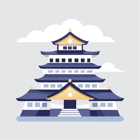 Um edifício com um telhado azul e um fundo branco com uma pagoda azul e ...
