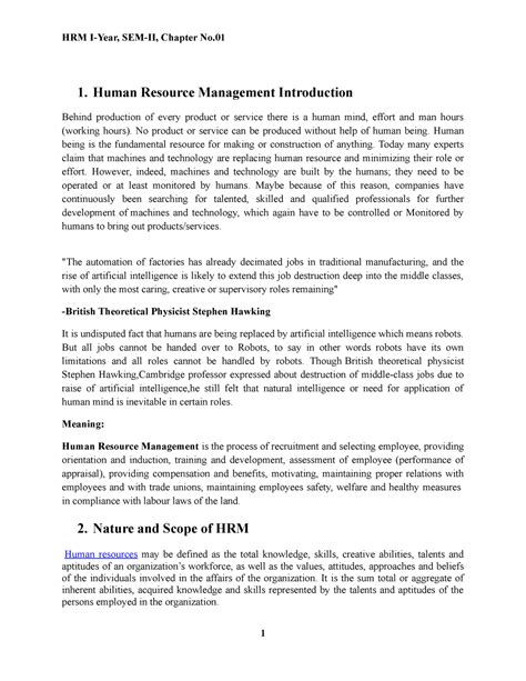 HRM Chapter I - important notes on HRM - 1. Human Resource Management ...