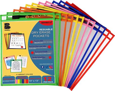 Amazon.com : Clipco Dry Erase Pocket Sleeves Assorted Colors (30-Pack ...