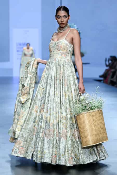 Buy Ivory Chiffon Embroidery Collared Floral Print And Long Jacket For ...