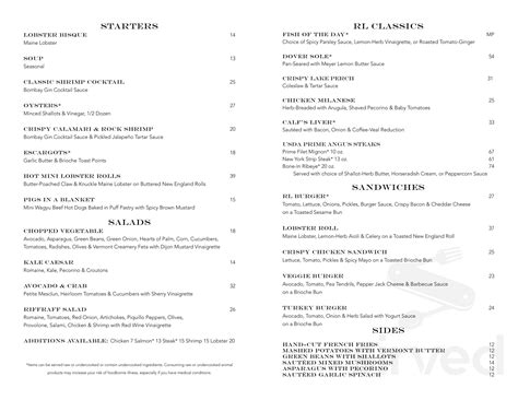 RL Restaurant menu in Chicago, Illinois, USA