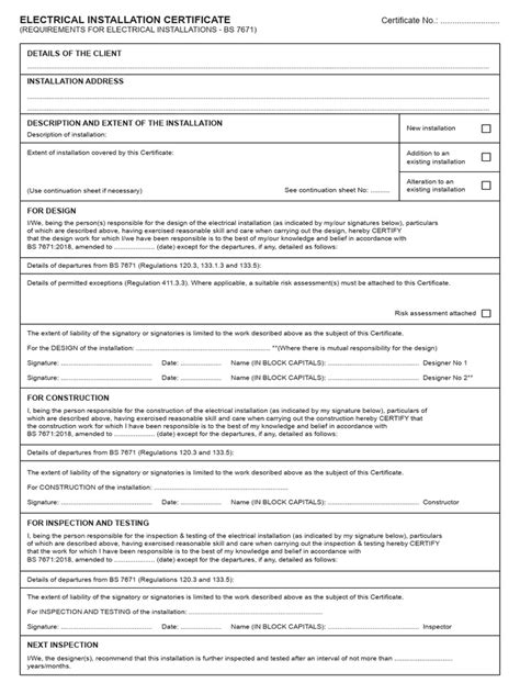 Image result for Electrical Installation Certificate Example