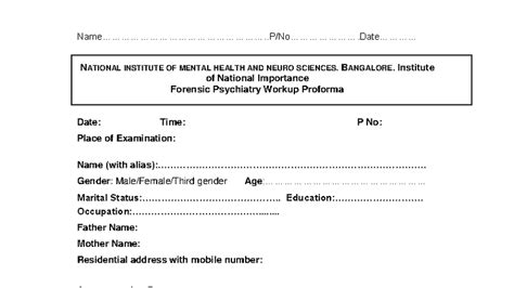 NIMHANS Forensic Psychiatry Proforma - Comprehensive Assessment - Studocu