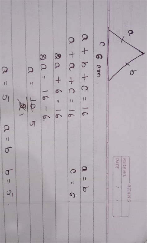 The base of an isosceles triangle is 6 cm and its perimeter is 16 cm ...