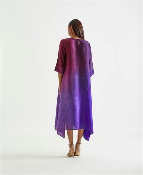 Deep Purple Asymmetric Dupion Silk Ombre Kurta with Printed Stole ...