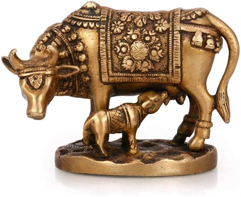 Buy Pick End Now Kamdhenu Cow with Calf Sculpture Brass Statue- 900gm ...