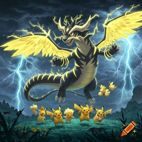 A large black and yellow electric dragon-like Pokémon with yellow wings ...