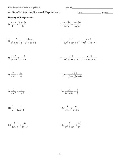 Free adding and subtracting rational expressions practice worksheet ...
