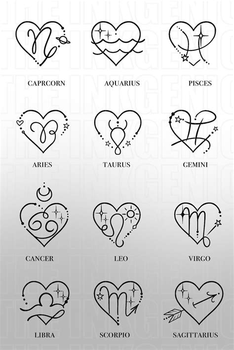 Heart Zodiac Signs Set of 2 Temporary Tattoo Flash - Etsy | Zodiac ...
