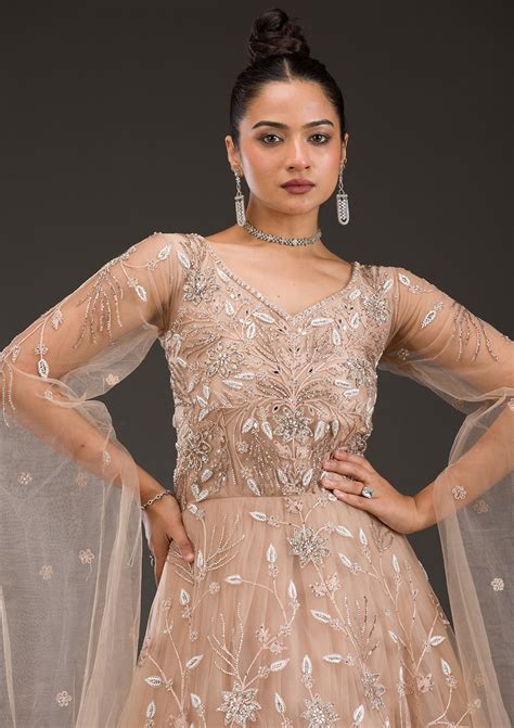 Buy Beige Silver Stonework Net Gown - Koskii