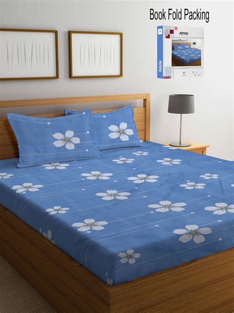 Klotthe Blue Floral 300 TC Cotton Blend Double Bed Sheet with 2 Pillow ...