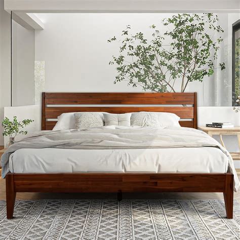 Acacia Emery Bed Frame with Headboard Solid Wood Platform Bed, King ...
