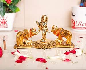Buy KridayKraft Metal Krishna Playing Flute with Kamdhenu Cow Statue ...