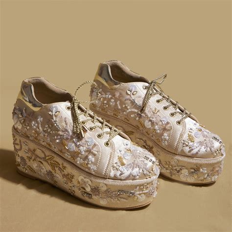 Kainat gold Gold Embroidered Wedge Sneakers – 3 to 3.5 Inch Heel | Fes ...
