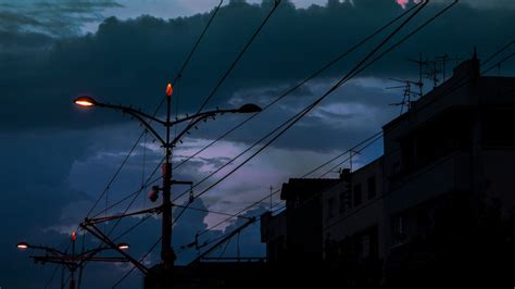 Wallpaper cable, poles, lights, city, twilight, dark hd, picture, image