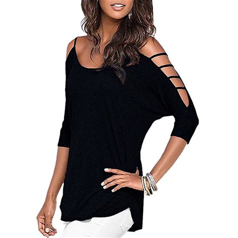 Women's Casual Loose Hollowed Out Shoulder Three Quarter Sleeve Shirts ...