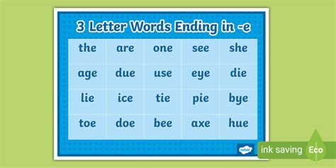 3 Letter Words Ending in -e Word Mat