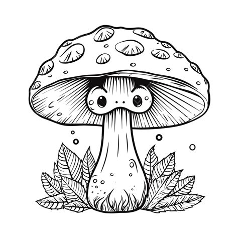 Cute Mushroom Coloring Page With Leaves On It Outline Sketch Drawing ...