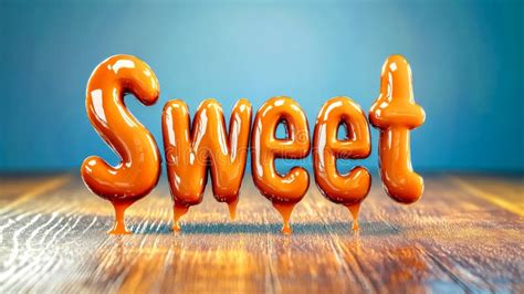 Gooey Caramel Dripping Forming the Word Sweet on Wooden Table Stock ...