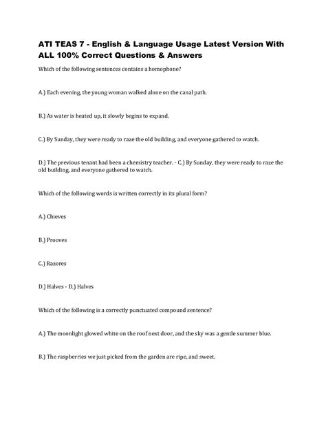 ATI TEAS 7 - English & Language Usage Latest Version With ALL 100% ...