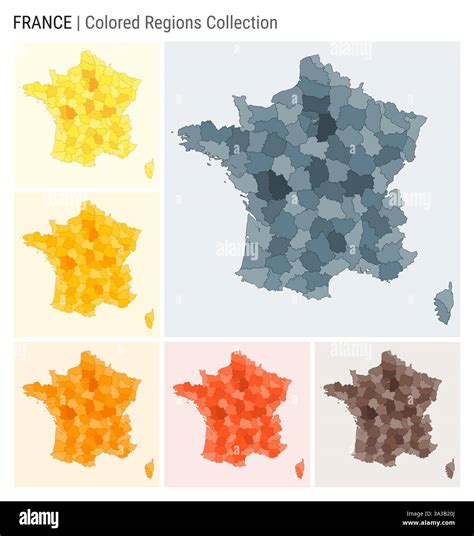 France map collection. Country shape with colored regions. Blue Grey, Yellow, Amber, Orange ...