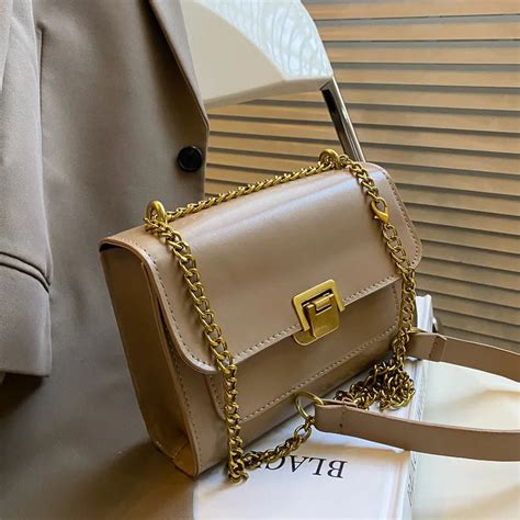 Solid Leather Shoulder Chain Bag Crossbody Bags Purses Messenger Bag ...