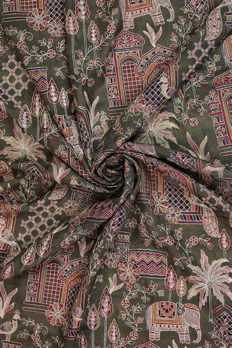 Embroidered Viscose Fabric in Mustard Gold | Buy Now – fabonique