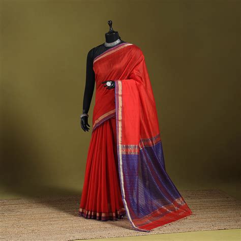 Red Handloom Silk Cotton Maheshwari Saree with Zari Border