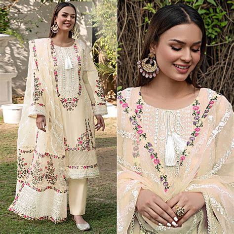 Cream Floral Embroidered Georgette Palazzo Suit