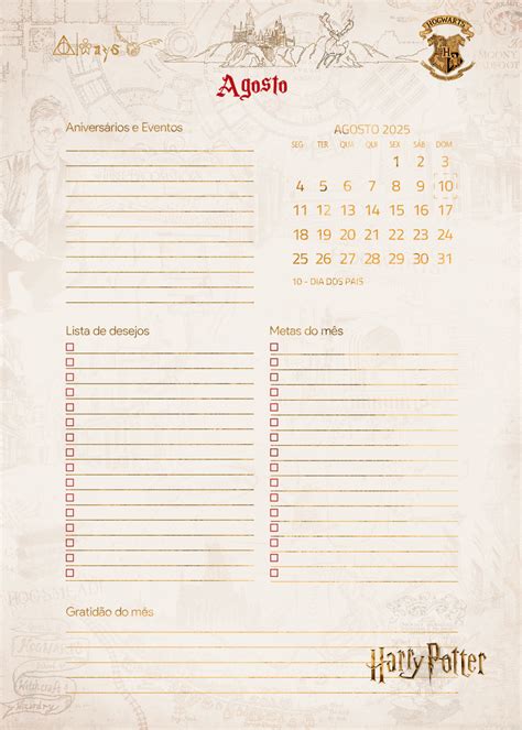 Calendario Mensal Agosto Planner Harry Potter 2025 - Fazendo a Nossa Festa