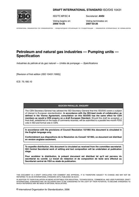 ISO/DIS 10431 - Petroleum and natural gas industries -- Pumping units ...