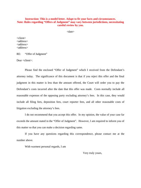Offer of Judgment Letter - Blank Fillable Template | Fill Out, Print ...