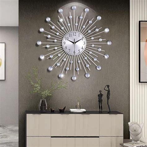 Lafocuse 23 Inch Silent Metal Bling Crystal Wall Clock Silver Battery ...