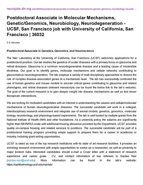 Postdoctoral Associate in Molecular Mechanisms - neurojobs.sfn - Studocu