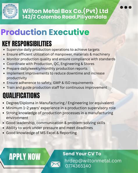 Production Executive - Engineering - Jobseeker.lk