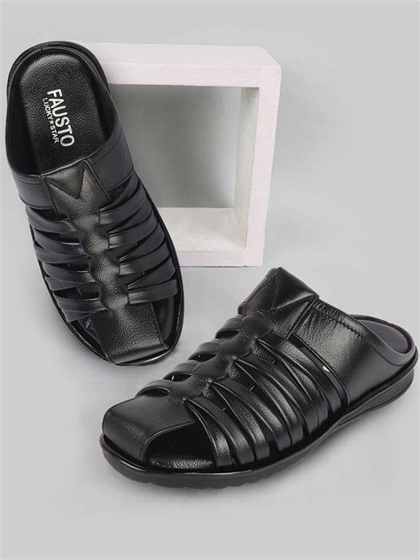 Buy Men Black Leather Criss Cross Back Open Slip On Sandal