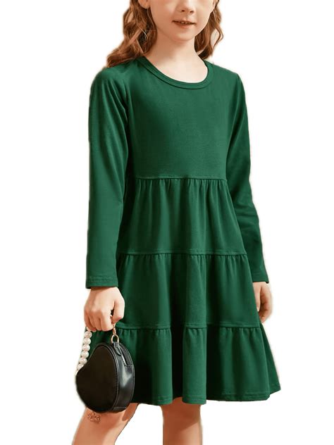 Oudiya Girls Long Sleeve Dress Tiered Flowy Sundress Dark Green Midi ...