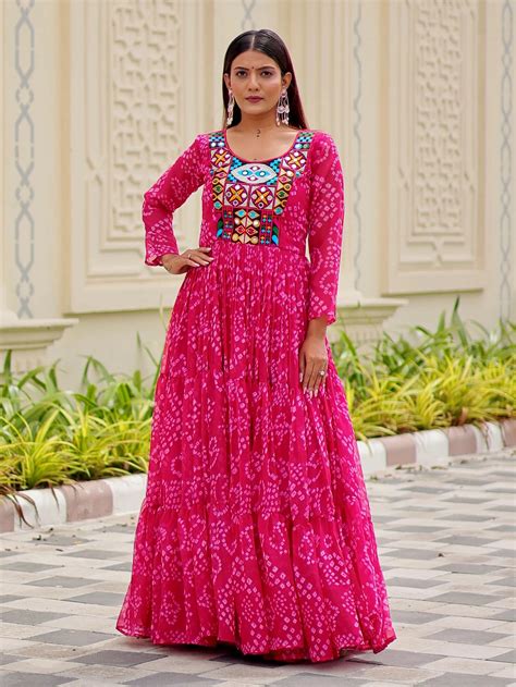 Shop Pink Bandhani Printed Navratri Wear Gown From Ethnic Plus