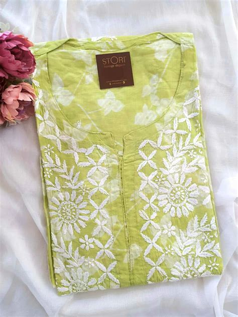 Petals Lime Green Cotton Mulmul Chikankari Kurti – STORI