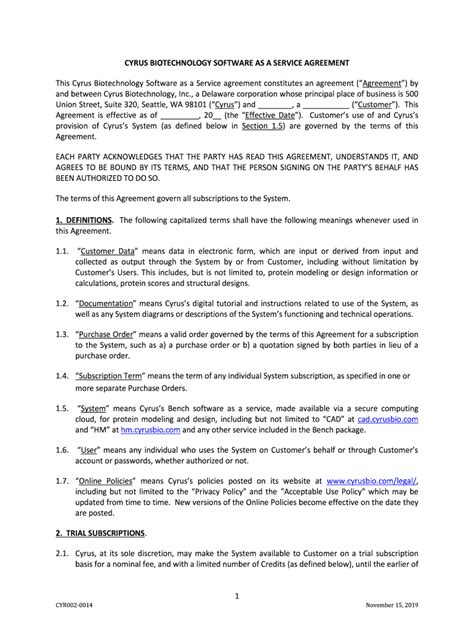 Fillable Online CYRUS BIOTECHNOLOGY SOFTWARE AS A SERVICE AGREEMENT Fax ...