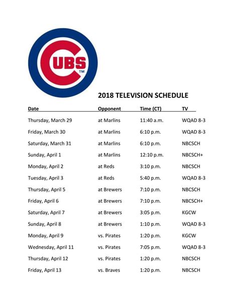 Printable: Chicago Cubs 2018 TV schedule
