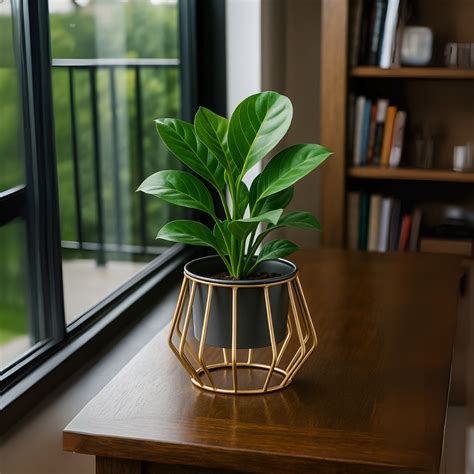 Geometric Gold Metal Stand Planter with Pot – Modern Indoor Plant ...