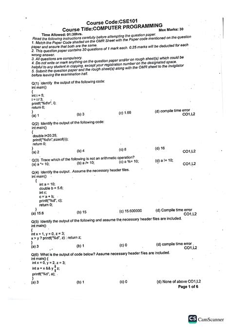 CSE101 Questions paper-1 - c language - Studocu
