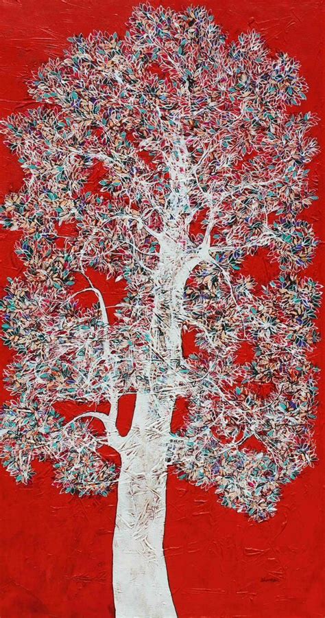 "Treescape 302": Red Acrylic Painting (48x24) by Bhaskar Rao | ArtZolo.com