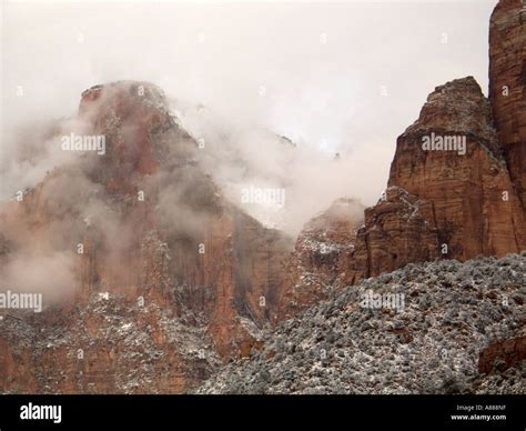 Snow and stormy weather in mid March in Zion National Park in southern ...
