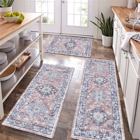 "MeyJey 3 Piece Kitchen Mat Set, Anti-Slip, Waterproof, Red/Navy, 20 ...