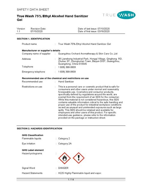 True Wash 75% Ethyl Alcohol Hand Sanitizer Gel: Safety Data Sheet | PDF ...