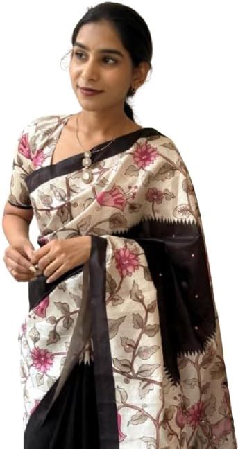 Buy TAGALE Women’s White & Black Floral Print Linen Cotton Saree with ...
